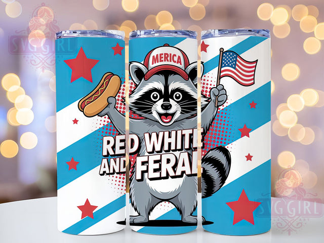 Preppy 4th of July Raccoon 20oz Tumbler, Cartoon Raccoon Wrap, Red White And Feral, Sublimation Wrap, 20oz Tumbler Design, PNG Tumbler Wrap, Patriotic Humor Sublimation SvggirlplusArt 