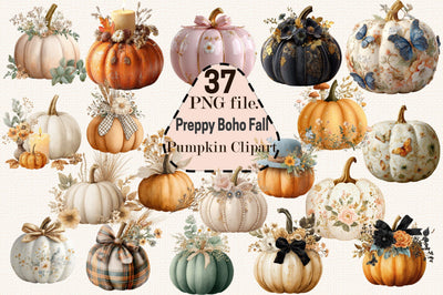 Preppy Boho Fall Pumpkin PNG Clipart Bundle. Sublimation SVGArt 