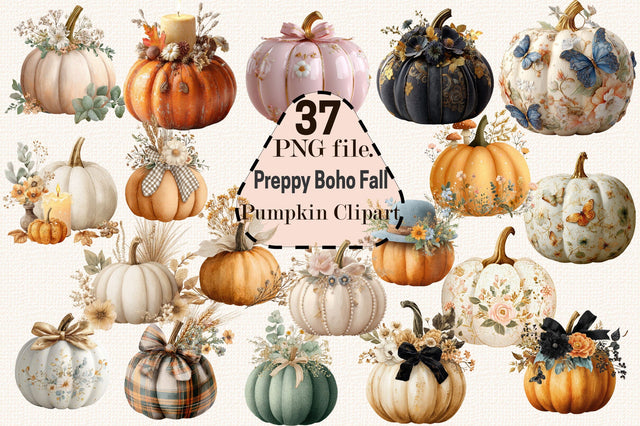 Preppy Boho Fall Pumpkin PNG Clipart Bundle. Sublimation SVGArt 