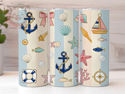 Preppy Coastal Nautical 20oz Tumbler, Nautical Pattern, Striped Background, Elegant Icons, Pastel Beach Style, 20oz Tumbler Wrap, Sublimation PNG Sublimation Lara' s Designs 