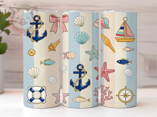 Preppy Coastal Nautical 20oz Tumbler, Nautical Pattern, Striped Background, Elegant Icons, Pastel Beach Style, 20oz Tumbler Wrap, Sublimation PNG Sublimation Lara' s Designs 