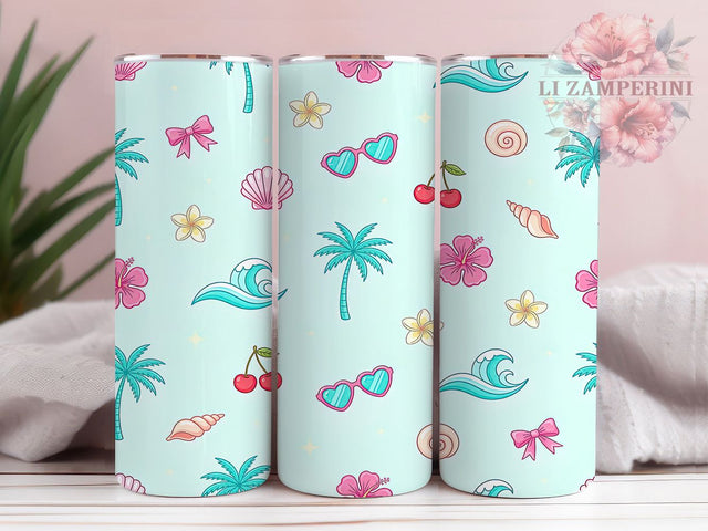 Preppy Coastal Retro Beach 20oz Tumbler, Retro Beach, Mint Green Background, Summer Icons, Charming Pattern, 20oz Tumbler Wrap, Sublimation PNG Sublimation Li Zamperini 