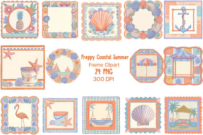 Preppy Coastal Summer Frame Clipart PNG Clipart Bundle. Sublimation SVGArt 
