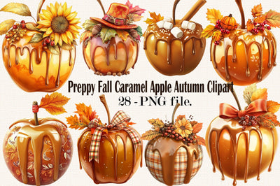 Preppy Fall Caramel Apple Autumn Clipart Bundle. Sublimation SVGArt 