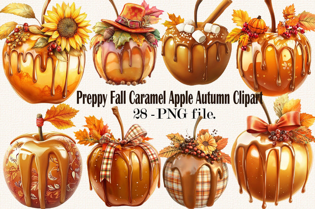 Preppy Fall Caramel Apple Autumn Clipart Bundle. Sublimation SVGArt 