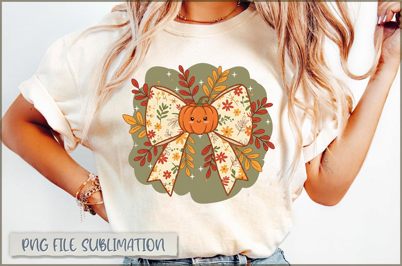 Preppy Floral Fall Pumpkin Bow PNG Sublimation Shetara Begum 