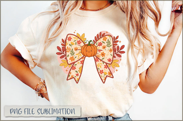 Preppy Floral Fall Pumpkin Bow PNG Sublimation Shetara Begum 