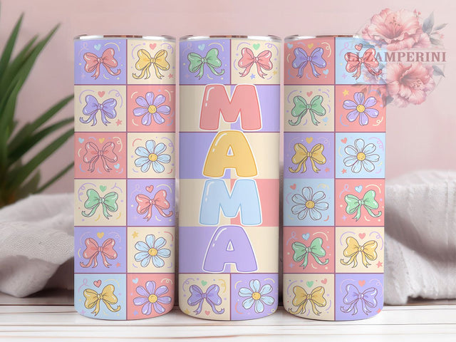 Preppy Floral Mama 20oz Tumbler, Pastel Patchwork, Checkered Squares, Hand-Drawn Elements, Mama Design, Skinny Tumbler, Sublimation PNG Sublimation Li Zamperini 