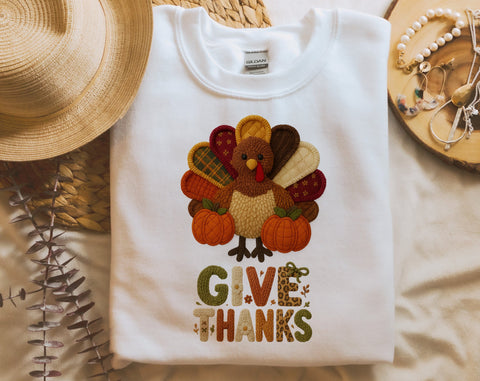 Preppy Give Thanks Turkey PNG | Faux Yarn Crochet Thanksgiving Design | Cozy Fall Sublimation | Patchwork Latch Hook Retro PNG SVG HappyDesignStudio 