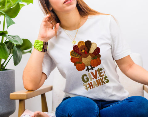 Preppy Give Thanks Turkey PNG | Faux Yarn Crochet Thanksgiving Design | Cozy Fall Sublimation | Patchwork Latch Hook Retro PNG SVG HappyDesignStudio 