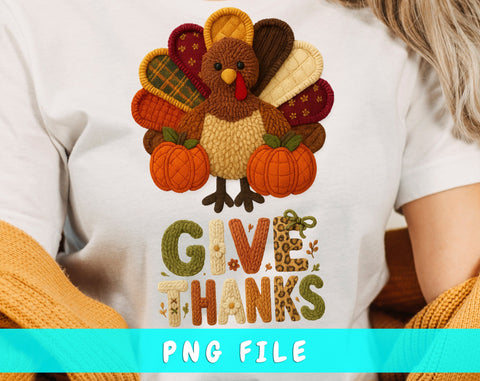 Preppy Give Thanks Turkey PNG | Faux Yarn Crochet Thanksgiving Design | Cozy Fall Sublimation | Patchwork Latch Hook Retro PNG SVG HappyDesignStudio 