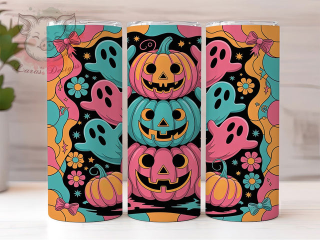Preppy Neon Pumpkin Ghost Tumbler Wrap, Neon Pumpkin Ghost, Cute Spooky Tumbler, 20OZ Sublimation PNG, Girly Halloween Design, Bright Halloween Cup, Pastel Ghost Wrap Sublimation Lara' s Designs 