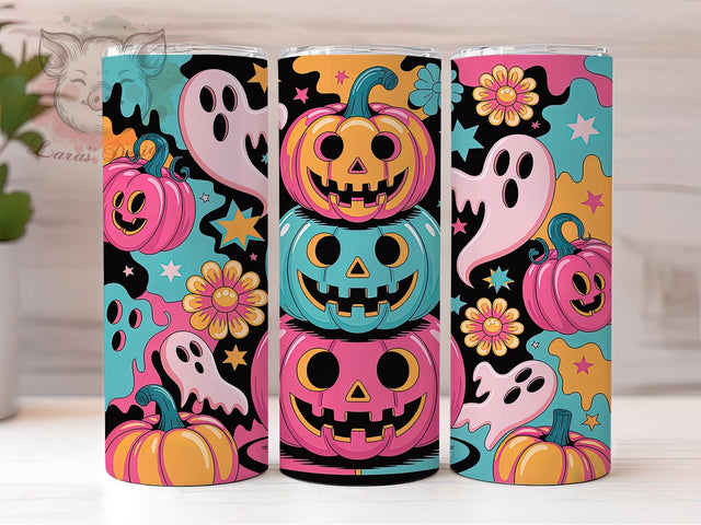 Preppy Neon Pumpkin Ghost Tumbler Wrap, Neon Pumpkin Ghost, Cute Spooky Tumbler, 20OZ Sublimation PNG, Girly Halloween Design, Bright Halloween Cup, Pastel Ghost Wrap Sublimation Lara' s Designs 