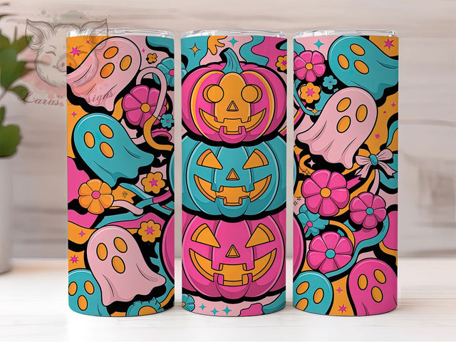 Preppy Neon Pumpkin Ghost Tumbler Wrap, Neon Pumpkin Ghost, Cute Spooky Tumbler, 20OZ Sublimation PNG, Girly Halloween Design, Bright Halloween Cup, Pastel Ghost Wrap Sublimation Lara' s Designs 