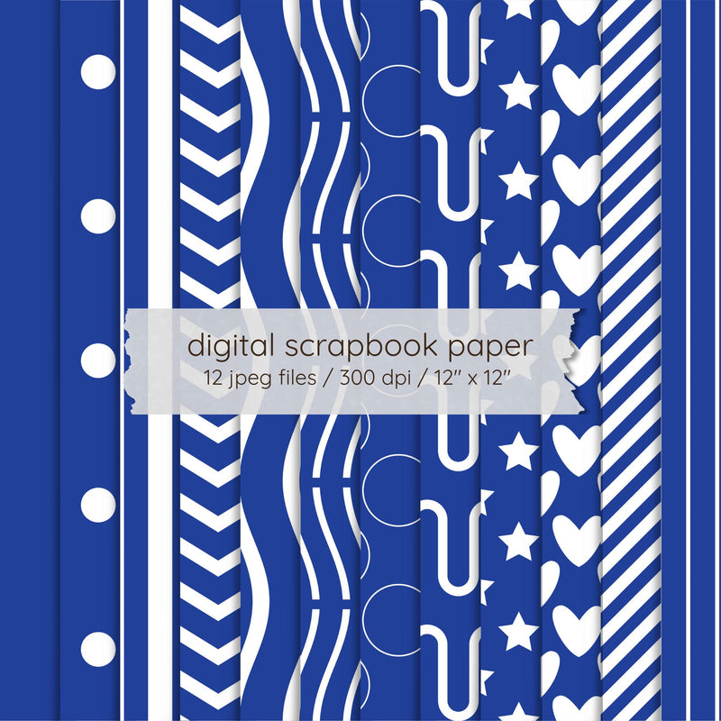 Preppy Paper Pack Digital | Blue Seamless Pattern Scrapbook Paper | 12 Printable 12x12 JPEG Files | 300 DPI Digital Pattern LKM DigiDesigns 