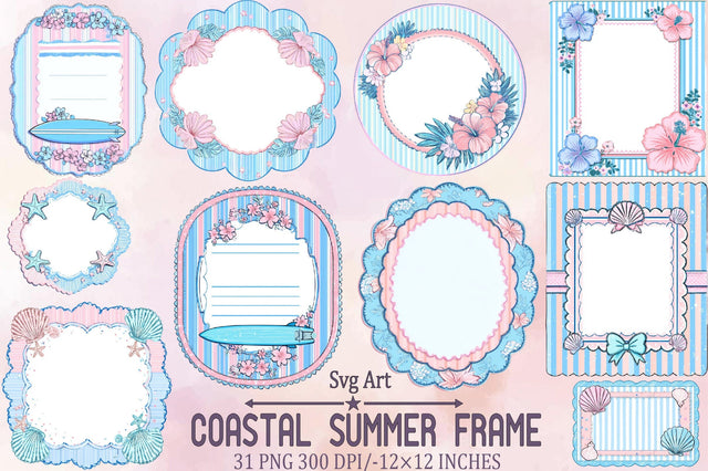 Preppy Pastel Coastal Summer Frame Bundle. Sublimation SVGArt 