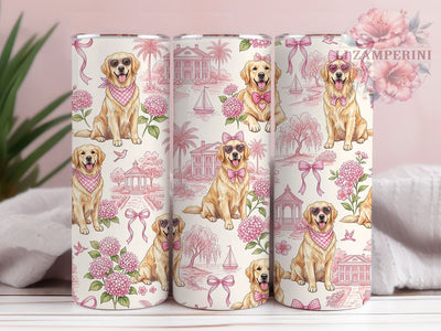 Preppy Retriever Toile 20oz Tumbler, Retriever Motif, Preppy Theme, Toile Art Design, Dog Accent, Whimsical Charm, Sublimation Wrap, 20oz Tumbler Sublimation Li Zamperini 
