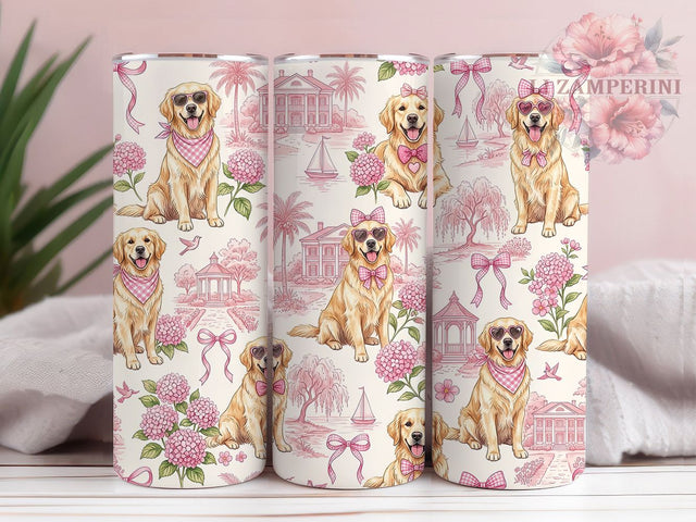 Preppy Retriever Toile 20oz Tumbler, Retriever Motif, Preppy Theme, Toile Art Design, Dog Accent, Whimsical Charm, Sublimation Wrap, 20oz Tumbler Sublimation Li Zamperini 