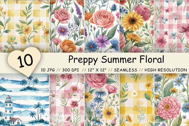 Preppy Summer Floral Digital Paper, Seamless Watercolor Pattern Bundle, Printable Scrapbook Paper, Bright Botanical Design Collection Digital Pattern FloridPrintables 