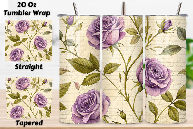 Pressed Flower Rose Seamless Tumbler Wrap, Muted Lavender Roses in Botanical Style, seamless tumbler wrap, pressed rose design, botanical floral wrap, lavender vintage style, herbarium rose arrangement, 20oz skinny tumbler Sublimation FloridPrintables 