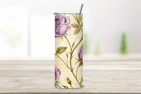 Pressed Flower Rose Seamless Tumbler Wrap, Muted Lavender Roses in Botanical Style, seamless tumbler wrap, pressed rose design, botanical floral wrap, lavender vintage style, herbarium rose arrangement, 20oz skinny tumbler Sublimation FloridPrintables 