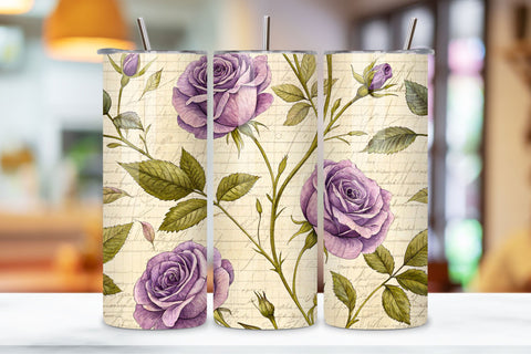Pressed Flower Rose Seamless Tumbler Wrap, Muted Lavender Roses in Botanical Style, seamless tumbler wrap, pressed rose design, botanical floral wrap, lavender vintage style, herbarium rose arrangement, 20oz skinny tumbler Sublimation FloridPrintables 