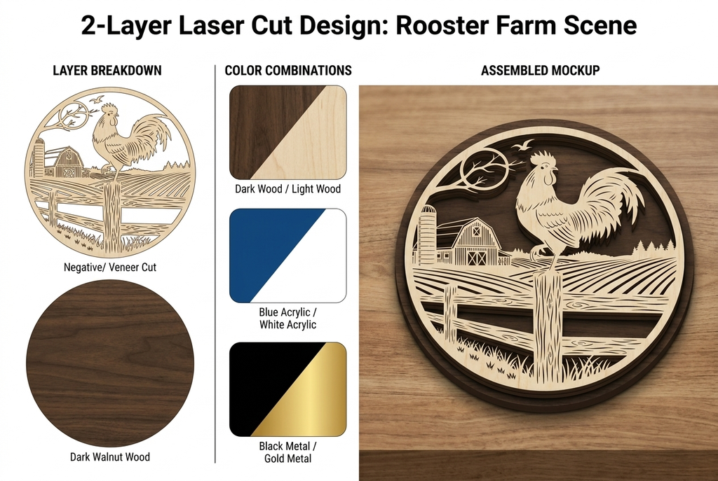 Farm Rooster Landscape Round Frame – Laser Cut Wooden Wall Art - So Fontsy