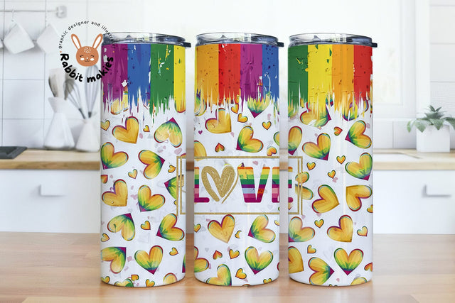 Pride LGBT Tumbler Wrap PNG, Hearts 20 oz Skinny Tumbler Gay Pride Flag Rainbow Sublimation Design Straight Tapered Template Sublimation Rabbitmakies 