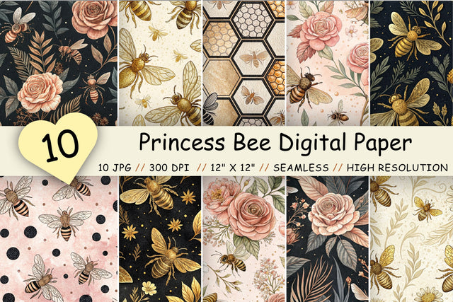 Princess Bee Digital Paper Pack, Seamless Rose Gold Floral Pattern Bundle, Printable Scrapbook Paper, Vintage Honeycomb Design Collection Digital Pattern FloridPrintables 