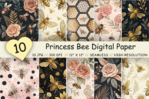 Princess Bee Digital Paper Pack, Seamless Rose Gold Floral Pattern Bundle, Printable Scrapbook Paper, Vintage Honeycomb Design Collection Digital Pattern FloridPrintables 