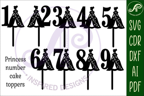 Princess number cake toppers, 9 designs SVG laser cut SVG APInspireddesigns 