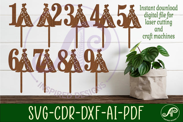 Princess number cake toppers, 9 designs SVG laser cut SVG APInspireddesigns 