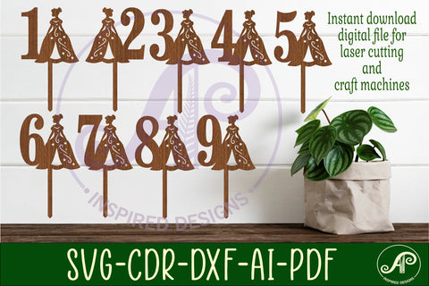Princess number cake toppers, 9 designs SVG laser cut SVG APInspireddesigns 