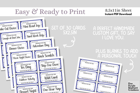 Printable Blue Heart Father's Day Digital Coupon Book Cards Digital Pattern Fine Purple Elephant Creations 