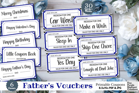 Printable Blue Heart Father's Day Digital Coupon Book Cards Digital Pattern Fine Purple Elephant Creations 