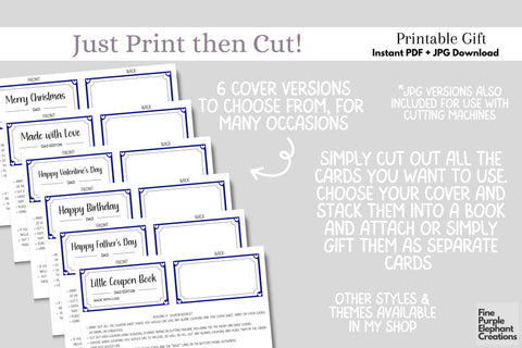 Printable Blue Heart Father's Day Digital Coupon Book Cards Digital Pattern Fine Purple Elephant Creations 