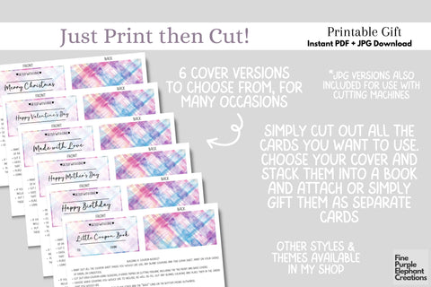 Printable Checkered Mother's Day Digital Coupon Book Cards Digital Pattern Fine Purple Elephant Creations 