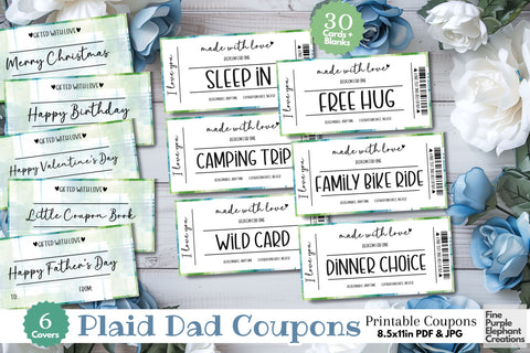 Printable Checkered Plaid Father's Day Digital Coupon Book Cards Digital Pattern Fine Purple Elephant Creations 