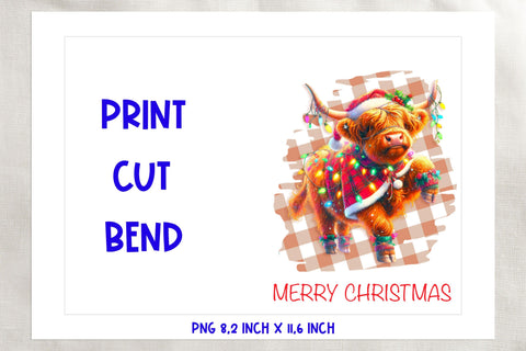 Printable Christmas card template, cartoon highland cow PNG Sublimation Angelina Semenova 
