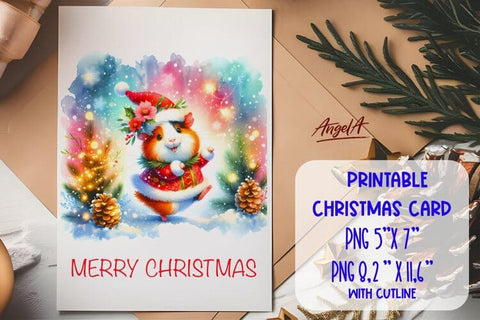 Printable Christmas card template, cute cartoon hamster PNG Sublimation Angelina Semenova 