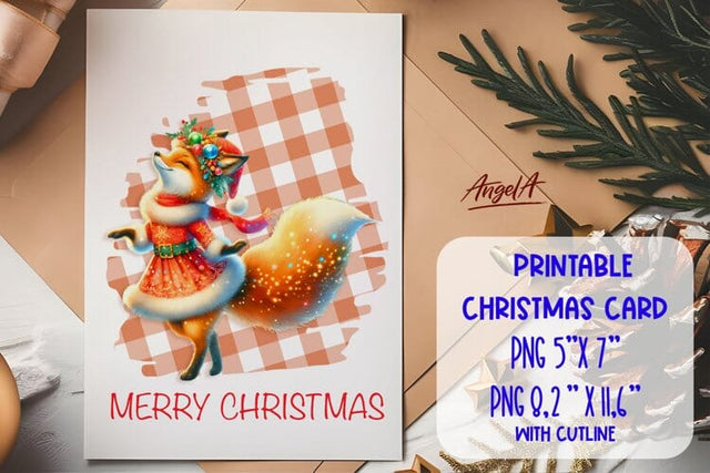 Printable Christmas card template, cute fox PNG Sublimation Angelina Semenova 