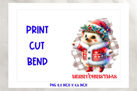 Printable Christmas card template, cute hedgehog PNG Sublimation Angelina Semenova 
