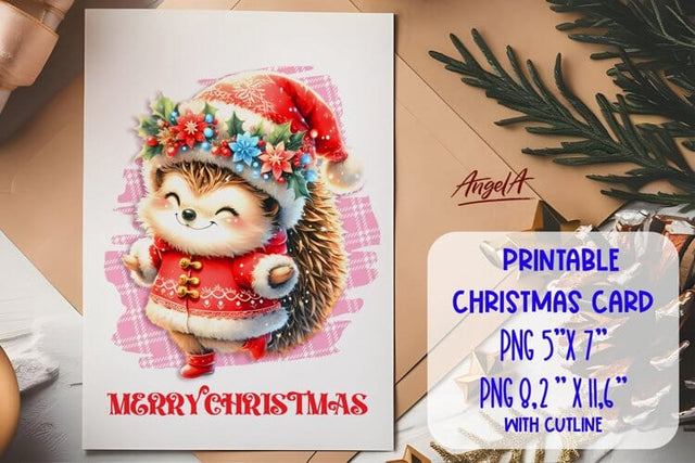 Printable Christmas card template, cute hedgehog PNG Sublimation Angelina Semenova 