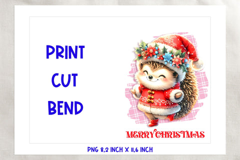Printable Christmas card template, cute hedgehog PNG Sublimation Angelina Semenova 