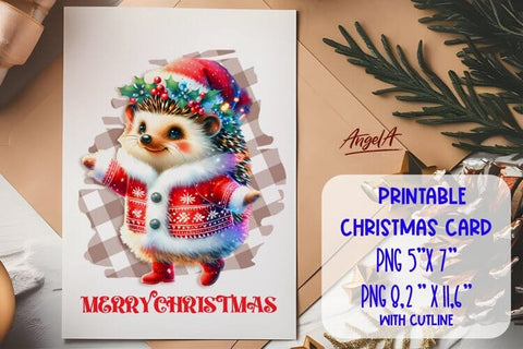 Printable Christmas card template, cute hedgehog PNG Sublimation Angelina Semenova 