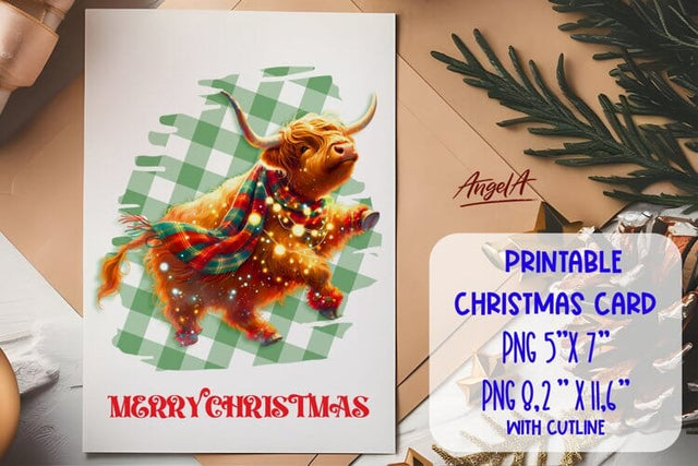 Printable Christmas card template, cute highland cow PNG Sublimation Angelina Semenova 