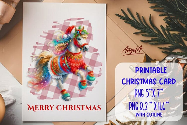 Printable Christmas card template, cute horse PNG Sublimation Angelina Semenova 