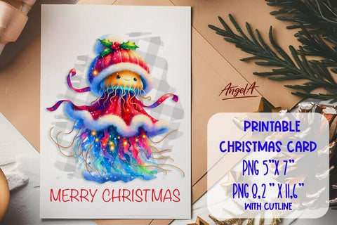 Printable Christmas card template, cute jellyfish PNG Sublimation Angelina Semenova 