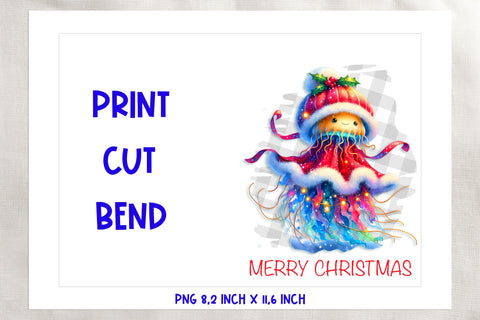 Printable Christmas card template, cute jellyfish PNG Sublimation Angelina Semenova 