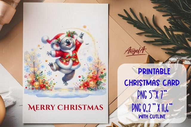 Printable Christmas card template, cute koala bear cartoon Sublimation Angelina Semenova 